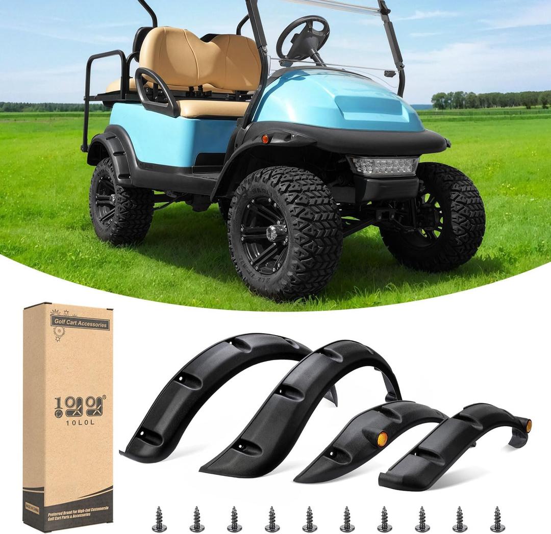 10L0L 4PCS Golf Cart Fender Flares for Yamaha G29, EZGO TXT/RXV, Club Car DS/Precedent - Heavy Duty ABS Plastic Mud Guards with Reflectors & Stainless Steel Hardware