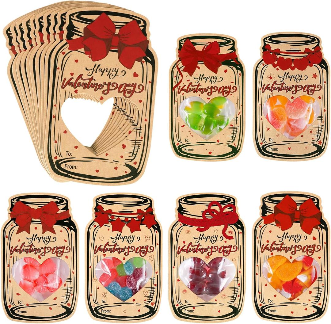 2 x Valentines Day Cards for Kids - 60 Pack Mason Jar Candy Jar Valentines Cards with 6 Unique Designs, Valentine Exchange Cards for School Classroom Party Favors (Candy Not Included)