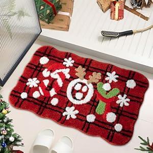 Urtlmaji Christmas Plaid Bathroom Rugs, Christmas Decorations Scalloped Joy Bath Rug, Non Slip Microfiber Xmas Festive Bath Mat for Bathroom Rug for Holiday Bathtub Sink Shower 32"x20", Christmas Red