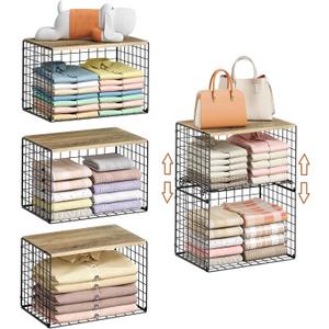 5-Tier Large Stackable Closet Organizer and Storage Basket, Sturdy Closet Shelf Organizer with Wood Top, Stackable Storage Bins Cubes for Clothes with Adjustable Shelf for Wardrobe Organization