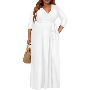 Milloud Plus Size Dress for Women - 3/ 4 Sleeve V-Neck Maxi Dress for Women with Belt and Pockets White 2XL