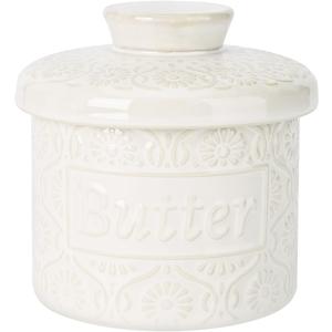 Butter Crock with Water Line, Ceramic Butter Keeper for Counter, French Butter Dish with Lid for Spreadable Fresh Butter (Vintage White)
