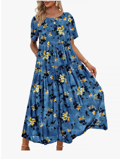 YESNO Women Casual Loose Bohemian Floral Dress with Pockets Short Sleeve Long Maxi Summer Beach Swing Dress EJF, Large