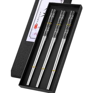 TINMARDA Metal Chopsticks Reusable, 3 Pairs Chop Sticks Reusable Dishwasher Safe, Titanium Plated Non-Slip Stainless Steel Chopsticks Present Set (Black Silver)