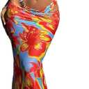 Women's 3 Piece Floral Cheeky Bikini Sets Halter String Swimsuit with Mesh Beach Cover Up Skirt (Large, Blue Orange)