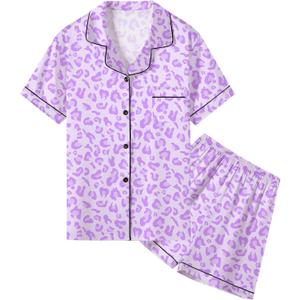 Umeyda Women & Girls Pajamas Set, Soft Satin Lightweight Silk Button-Down Top with Shorts 2 Piece PJS for Mom Boys Kids Gifts (7-8 Years, Bright Purple Leopard)