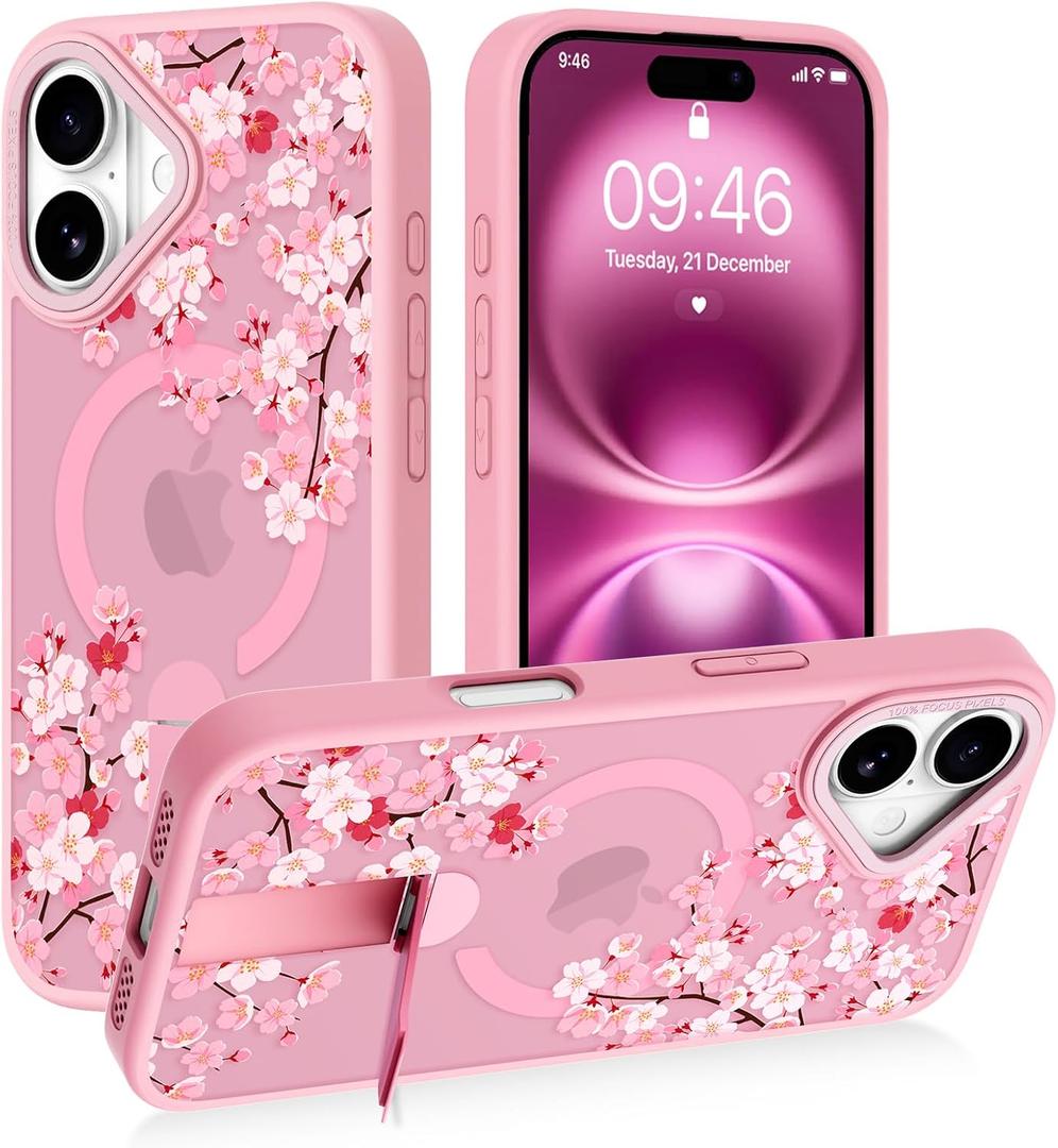 AIGOMARA Magnetic Stand for iPhone 16 Case, Aesthetic Cute Pink Floral Flower Design for Women Girls, Compatible with Magsafe, Slim Translucent Matte Protective Kickstand Phone Case