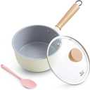 ROCKURWOK Ceramic Nonstick Sauce Pan with Lid, 1.5 Qt Small Pots for Cooking, Small Pot Wooden Handle for Cool Touch, Non Toxic & Pfas-Free Saucepan, Universal Base,(Gas, Electric & Induction), White