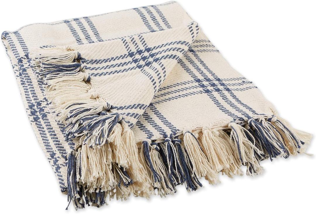 DII Modern Farmhouse Plaid Collection Cotton Fringe Throw Blanket, 50x60, White/French Blue