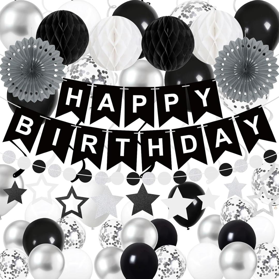 69Pcs Birthday Decorations Black Happy Birthday Banner Balloons Paper Fans Honeycomb Balls Hanging Swirl Stars Garland Party Decorations for Men Women Wednesday Halloween
