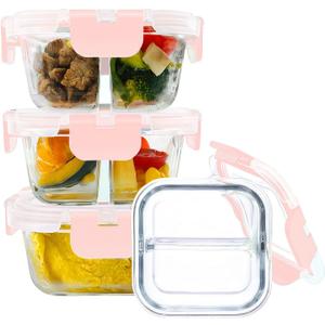 Bariatric Meal Prep Containers, 8 oz Bariatric Portion Control Food Storage Containers with Two 4 oz Compartments (3 Pack), Reusable Glass Snack Containers with BPA Free Airtight Lids (Pink)