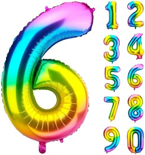 DecorWoo 40 inch Rainbow Number 6 Balloon, Colorful Gradient Number 6 Birthday Balloons, Large Number Foil Balloons for Party Supplies Wedding Anniversary Events Decorations