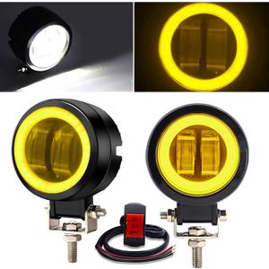 Motorcycle LED Fog Lights, 3Inch 20W LED Spotlights Additional Driving Lamp with Yellow Halo, Universal, Waterproof.(Include Switch)