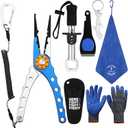 8 Pieces Fishing Tools Kit Fish Hook Remover Set Include Fishing Pliers Lip Gripper Multifunction Scissors Gloves Towel Keychain Hook for Men Women Gifts (Blue)