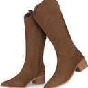 SHIBEVER Suede Knee High Cowboy Boots for Women Comfortable Tall Cowgirl Boots Zipper Low Heel Fall Winter Western Booties (Brown)