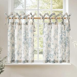 jinchan Floral Linen Tier Curtains 36 Inch Farmhouse Cafe Curtains Tie Top Botanic Drapes for Small Windows Over Sink for Kitchen Country Rustic Laundry Room Bathroom RV 2 Panels Blue on Beige
