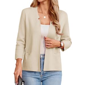 GRACE KARIN Women Sweater Blazer 3/4 Sleeve Cropped Cardigan Lightweight Notch Collar Knit Blazer Jacket Business Casual (Large, Beige)