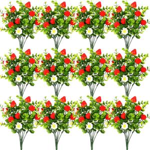 Tigeen 12 Pack Strawberry for Decoration Fake Strawberry Branches Artificial Vivid Red Faux Tables Centerpiece for Kitchen Stem Fruits for Home Spring Summer Decor