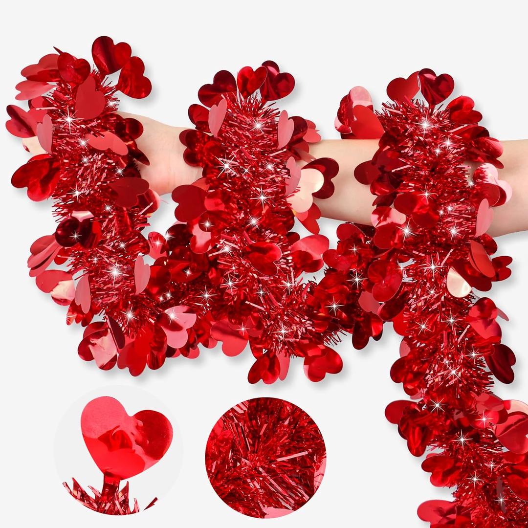 Valentines Day Garland Decor 50FT Red Heart Tinsel Garland Metallic Hanging Garlands Glitter Streamers Valentines Day Decorations for Home Mantel Table Indoor Outdoor Galentines Party Romantic Decor