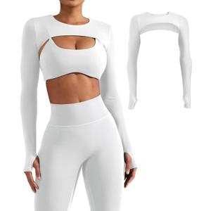 YEOREO Women Crop Top Long Sleeve Bolero Open Front Workout Cropped Shirts Sports Shrug (White, L)