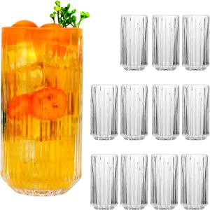 QAPPDA Highball Glasses Set of 12,Vintage Ribbed 13oz Drinking Glasses,Origami Style Glass Cups Everyday Glassware for Cocktail,Whiskey,Juice,Water