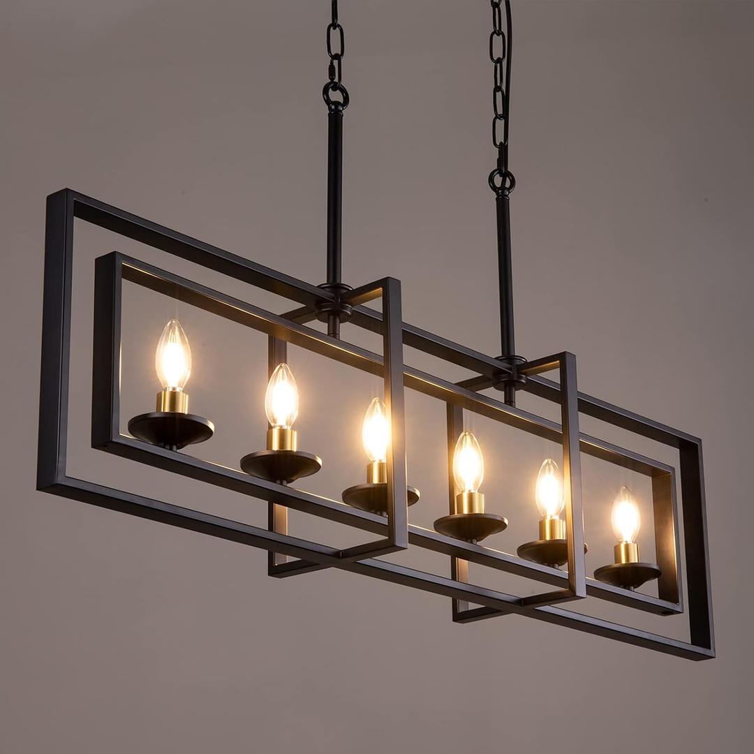 Wellmet Black Gold Modern Chandelier, Rectangle Industrial Pendant Light, 6-Light Farmhouse Rustic Chandelier for Dining Room, Kitchen Island, Living Room, Foyer, Hallway, 45'' L