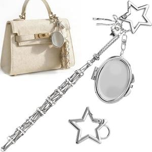PAGOW 2pcs Lipgloss Holder Keychain Star Keyring, Silver Star Chapstick Holder Key Chain with Mirror, Decorative Y2K Lip Balm Lipstick Keychains Bag Charm Accessories for Purse, Handbags (Silver, S)