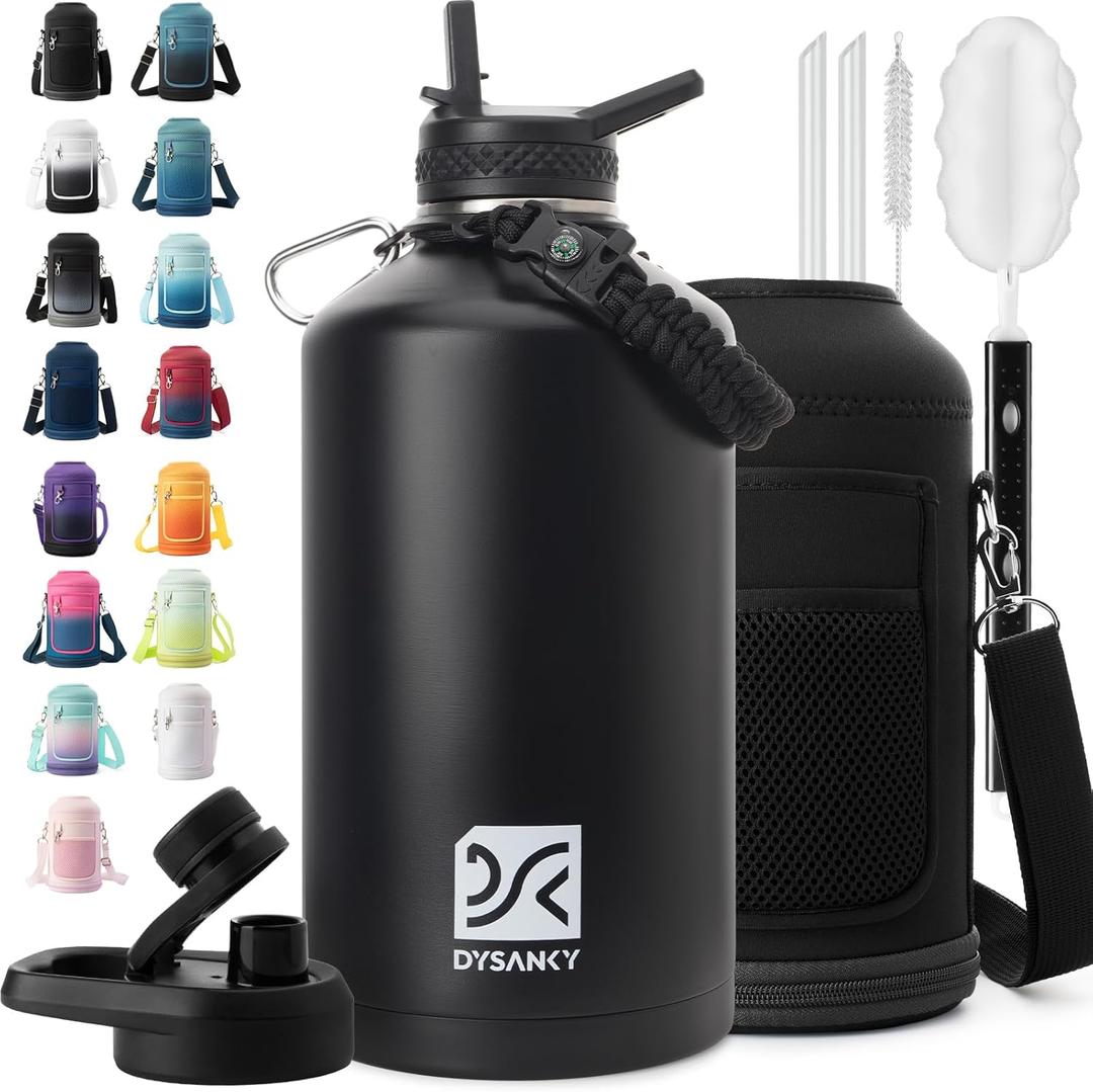DYSANKY 1 Gallon Water Bottle Insulated | Thickened Stainless Steel Vacuum Metal Water Jug | Portable Sports Large for Gym and Hiking with Straw, Carrier Bag, Handle Strap | BPA-Free 128 oz (Advanced Black)