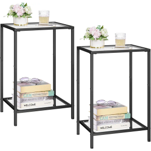 Side Tables Set of 2, End Tables with Tempered Glass, 2-Tier Nightstands with Storage Shelves, Slim Sofa Tables for Living Room, Bedroom, Modern Style, 11.8" D x 15" W, Black