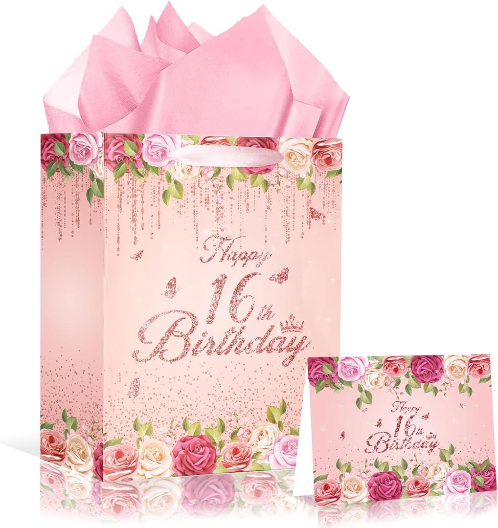 Floral 16th Birthday Gift Bag with 16th Birthday Wrapping Paper and Greeting Card Pink Flower 16 Treat Candy Goodies Paper Bag with Handle for Girls Happy 16 Bday Decorations Party Favor Supplies