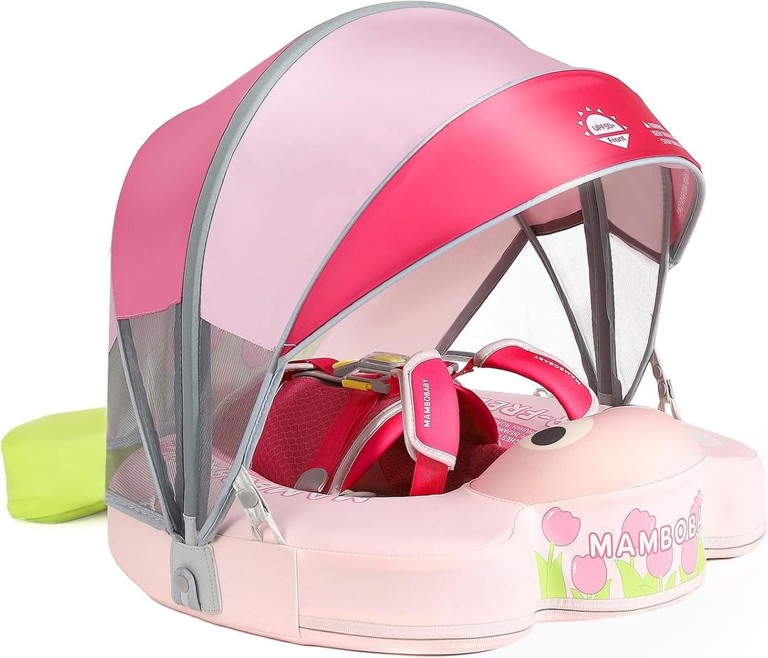 Mambobaby Float with Canopy & Portable Backpack Skin-friendly Baby Swim Float with Tail Waterproof Non-Inflatable Mambo Float Smart Swim Trainer Soft Solid Infant Pool Float 3-24 months Baby Swim Ring (Pink Tulip Flower)