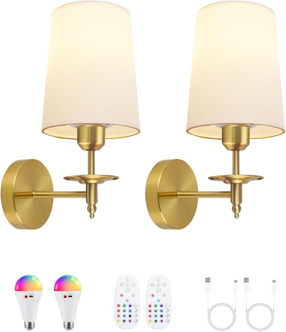 Battery Operated Wall Sconces Set of Two, Wireless Wall Sconces with Remote Control, 3CCT Dimmable Rechargeable Wall Lights, Gold Wall Lamps for Bedroom, Living Room, RGB Bulbs Included, ETL Listed