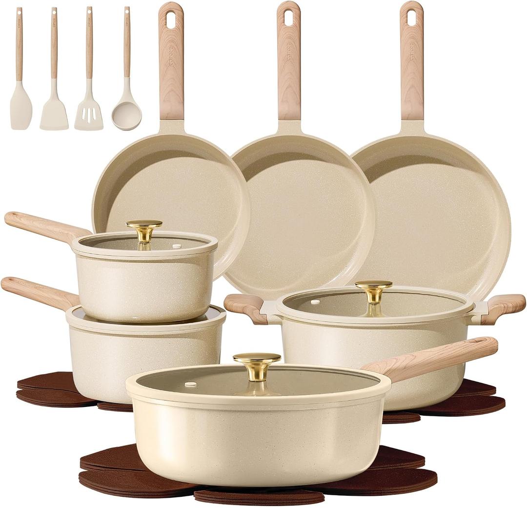 CAROTE 22Pcs Pots and Pans Set Non stick, Ceramic Cookware Set, Non-toxic Kitchen Cooking Set, PFAS and PFOA Free, 22 Piece