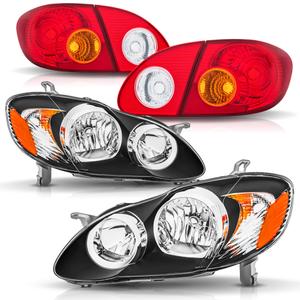 Headlights and Tail Lights Assembly Combo for 2003-2008 Toyota Corolla Head/OE Factory Style Red Outer and Inner Taillights Rear Brake Lamps Replacement,Black Housing Amber Reflector with Chrome Trim