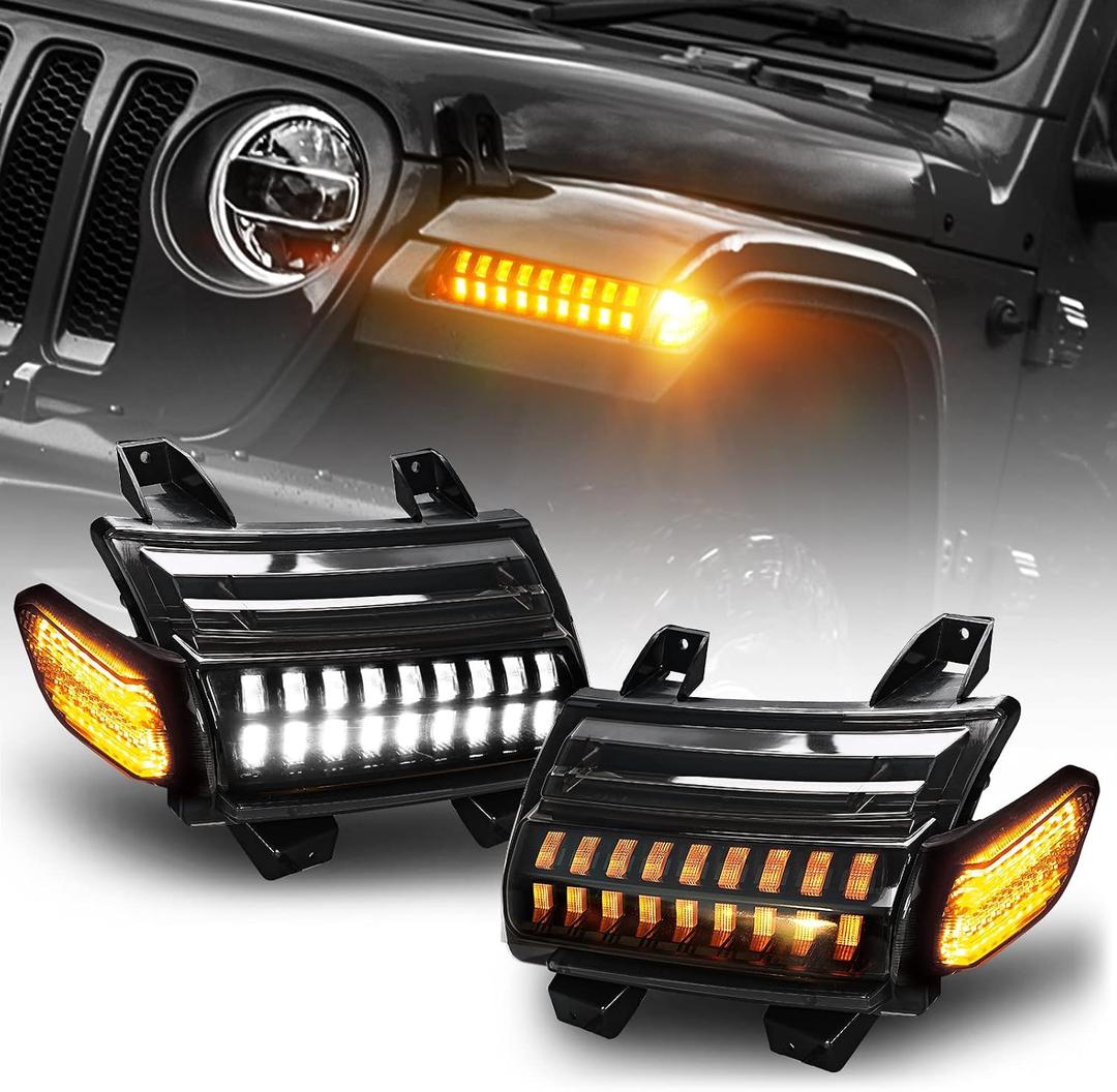 M MIBAHE LED JL Fender Lights with Side Marker Replace for Jeep Wrangler 2018-2022 Sahara, Rubicon, High Altitude Models STOCK HALOGEN Turn Signal 6 wires for stock headlights are halogen