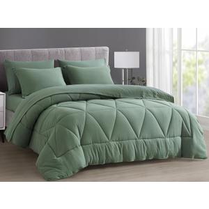 Chezmoi Collection Jasper Sage Green Twin Size Bed in a Bag 5-Pieces Triangle Geometric Quilted Stone Washed Microfiber Comforter with Sheets Lightweight All Season Bedding Set