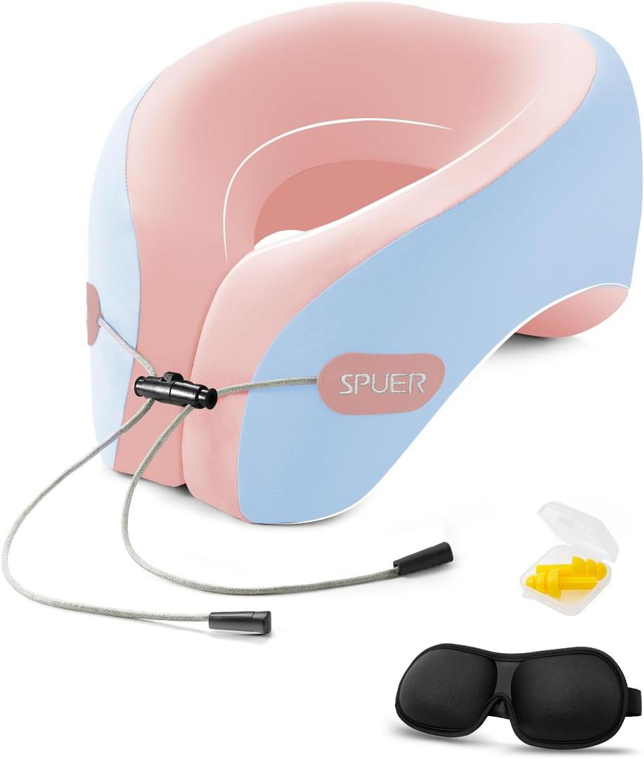 SPUER 2in1 Ergonomic Memory Foam Travel Neck Pillow – 2025 Upgrade Travel Pillow for All Sleep Positions on Flights, Road Trips, and Long Distance Travel with Drawstring Bag (Adjustable  Pink)