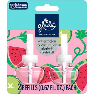 Glade PlugIns Refills Air Freshener, Watermelon & Cucumber, Scented and Essential Oils for Home and Bathroom, 1.34 Fl Oz, 2 Count