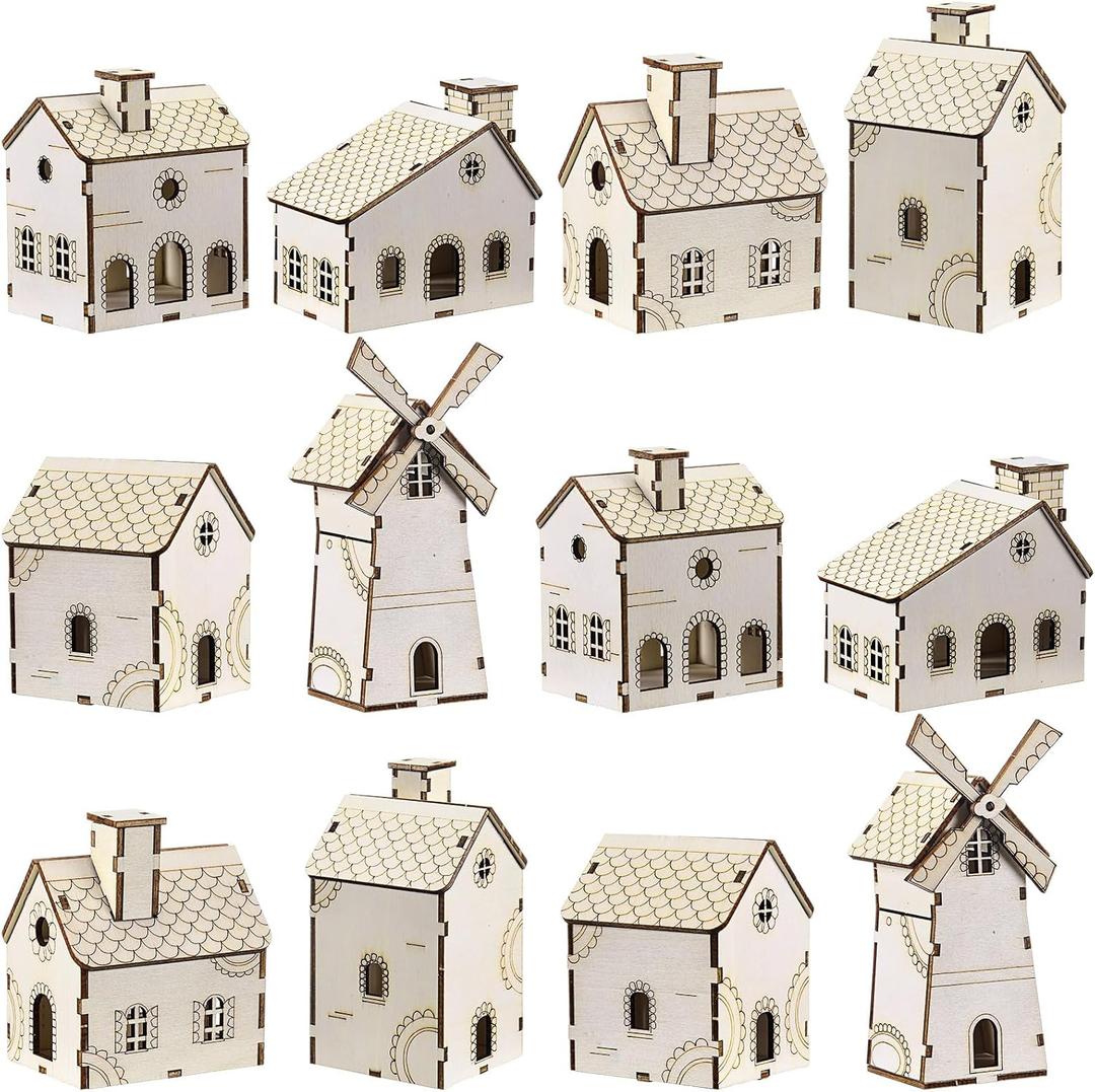 Hiboom 12 Pcs DIY Christmas Village Sets Wood Gingerbread Houses Christmas Mini Wooden House Gift for Winter Xmas Party Crafts Decorations