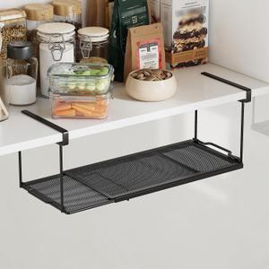 1 Pack Expandable Under Cabinet Shelf, Under Shelf Basket with 0.94 Inches Thick Clips for Kitchen Cupboard, Metal Hanging Under Desk Basket for Laundry Room, Cabinet, Shoe Rack (Black)