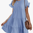 Chuanqi Womens Ruffles Boho Floral Printed Babydoll Loose Swing Casual Short Mini T-Shirt Dress Size 160