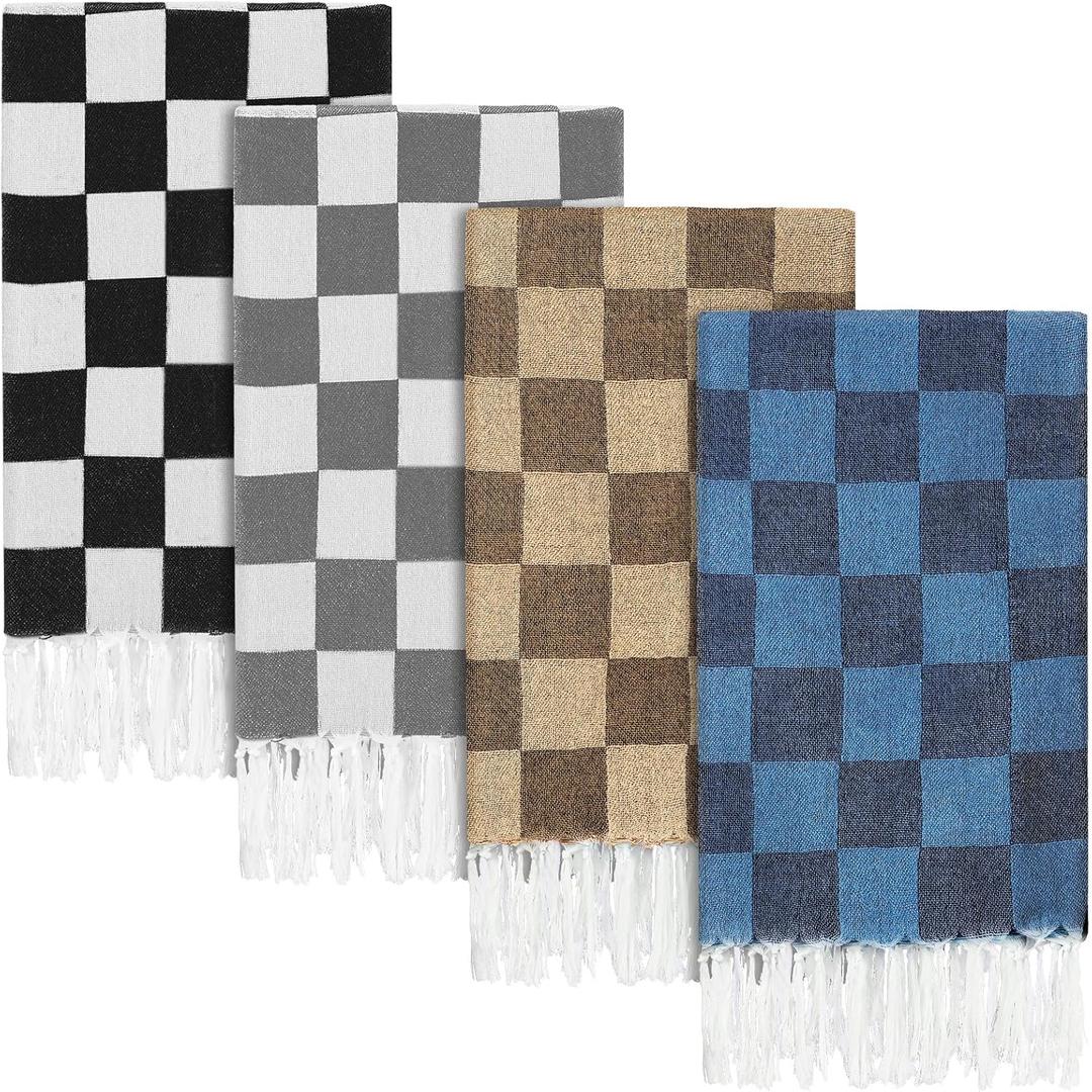 4 Pcs Checkered Plaid Turkish Beach Towels Bulk Large 70 x 38 Inch Beach Towel Cotton Prewashed Quick Dry Travel Beach Blanket for Vacation Essential Pool Camping Swimming(Black Gray Brown Blue)