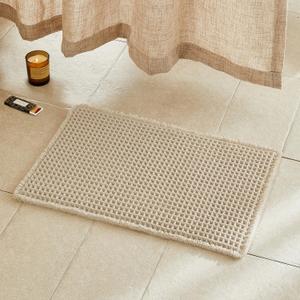 TYUU Pale Beige Bathroom Rug, Waffle Bath Mat Non Slip Washable Super Absorbent Quick Dry Boho Farmhouse Bathroom Decor, 24''x16'' Pale Beige