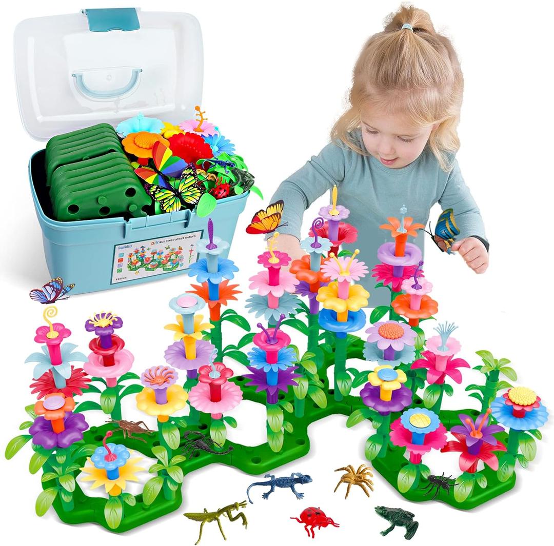 Toys Gifts for 2 3 4 5 6 Years Old Toddler Girls Boys, 156 PCS Insect Flower Garden Building Educational STEM Learning Pretend Play Gardening Set, Christmas Birthday Gifts for Preschool Kids Age 2+