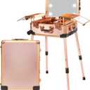 Medium Makeup Train Case with Code Lock, Lighted Mirror, Speaker Travel Cosmetic Organizer Box, Professional Artist Trolley Studio Free Standing Case 