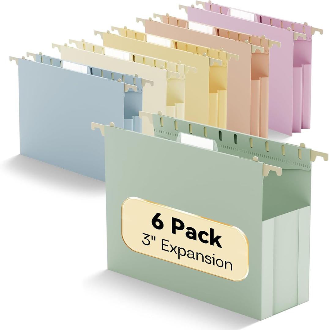 Plastic Hanging File Folders Extra Capacity, 3" Expanding Pocket Letter Size, Expandable Large Pastel Hanging Folders, Adjustable Tabs, Heavy Duty Filing Cabinet Folder for Bulky Files, 6 Pack