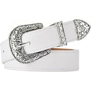 QIQILUXI Western Belt for Women Men Cowboys Cowgirls Carving Buckles Belts for Jeans Pants (White-Silver Buckle, Fit waist size: 31–33 inch)