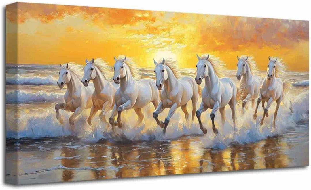 LZIMU Horses Wall Art 7 White Horses Running Picture Wildlife Painting Sunrise Wild Animals Canvas Prints Sunset Nature Landscape Poster Modern Artwork Home Decor (Gold, (20L x 40W))