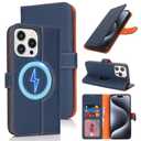 Zouzt for iPhone 15 Pro 6.1 Inch Genuine Leather Wallet Case with Card Holder, Compatible with MagSafe Magnetic Wireless Charging Flip Folio Book Phone Cover Women Men for iPhone 15 Pro - Lychee Blue