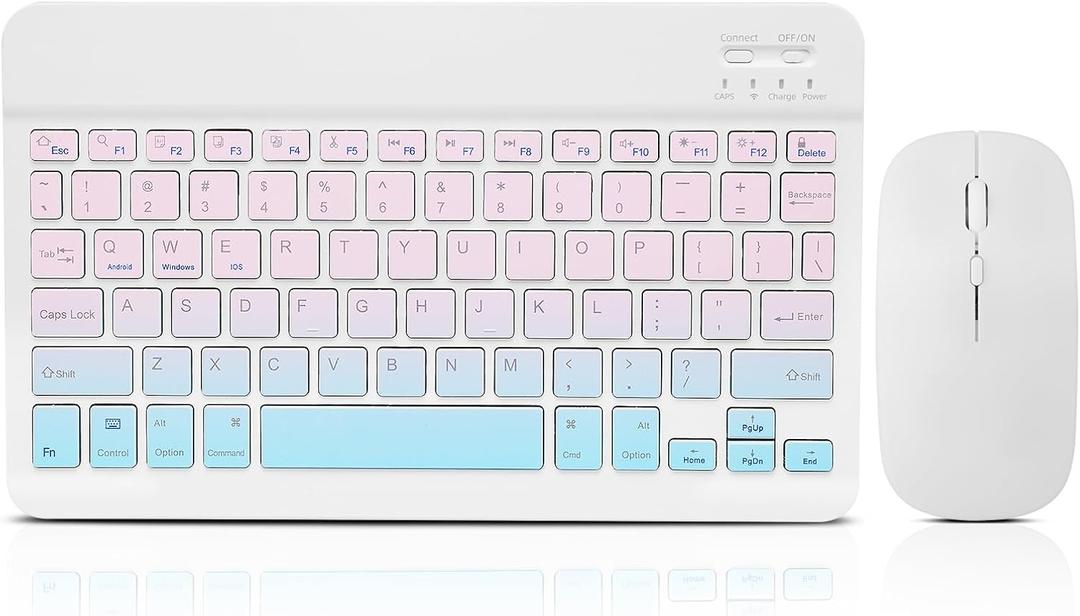 Bluetooth Keyboard and Mouse Combo Rechargeable Portable Wireless Keyboard Mouse Set for Apple iPad iPhone iOS 13 and Above Samsung Tablet Phone Smartphone Android Windows (Gradient Blue Pink)